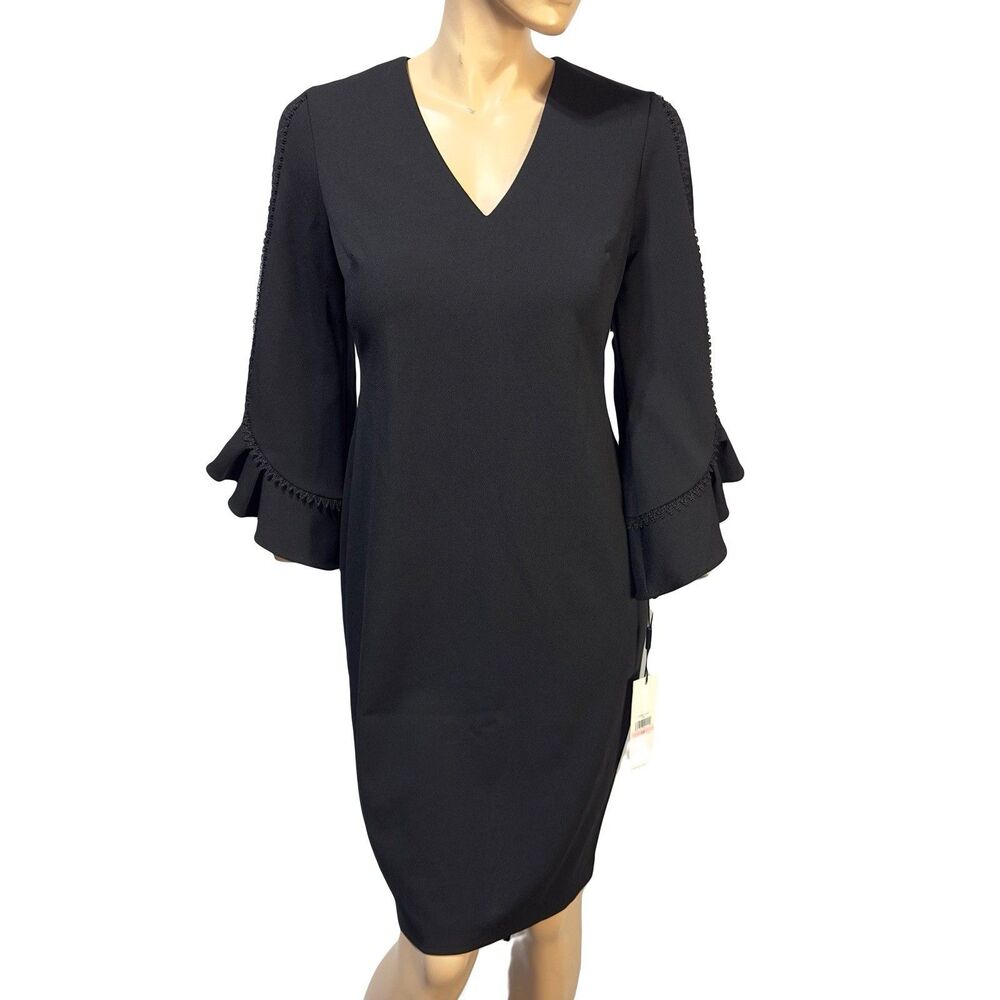 Calvin Klein Women’s Black Dress Ruffle Sleeve Women’s 10 Pencil Sheath LBD NWT